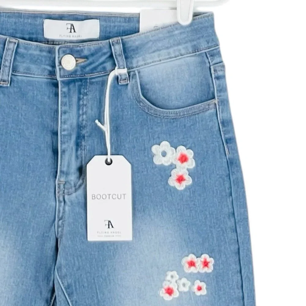 NWT FLYING ANGEL Women's Blue Jeans Size 9/29 Flower Embroidery Boot Cut Stretch - Picture 5 of 15